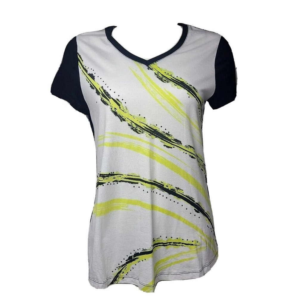 Weekends by Chicos Top Size 1 (Medium) Black White Yellow V Neck Studded Detail‎